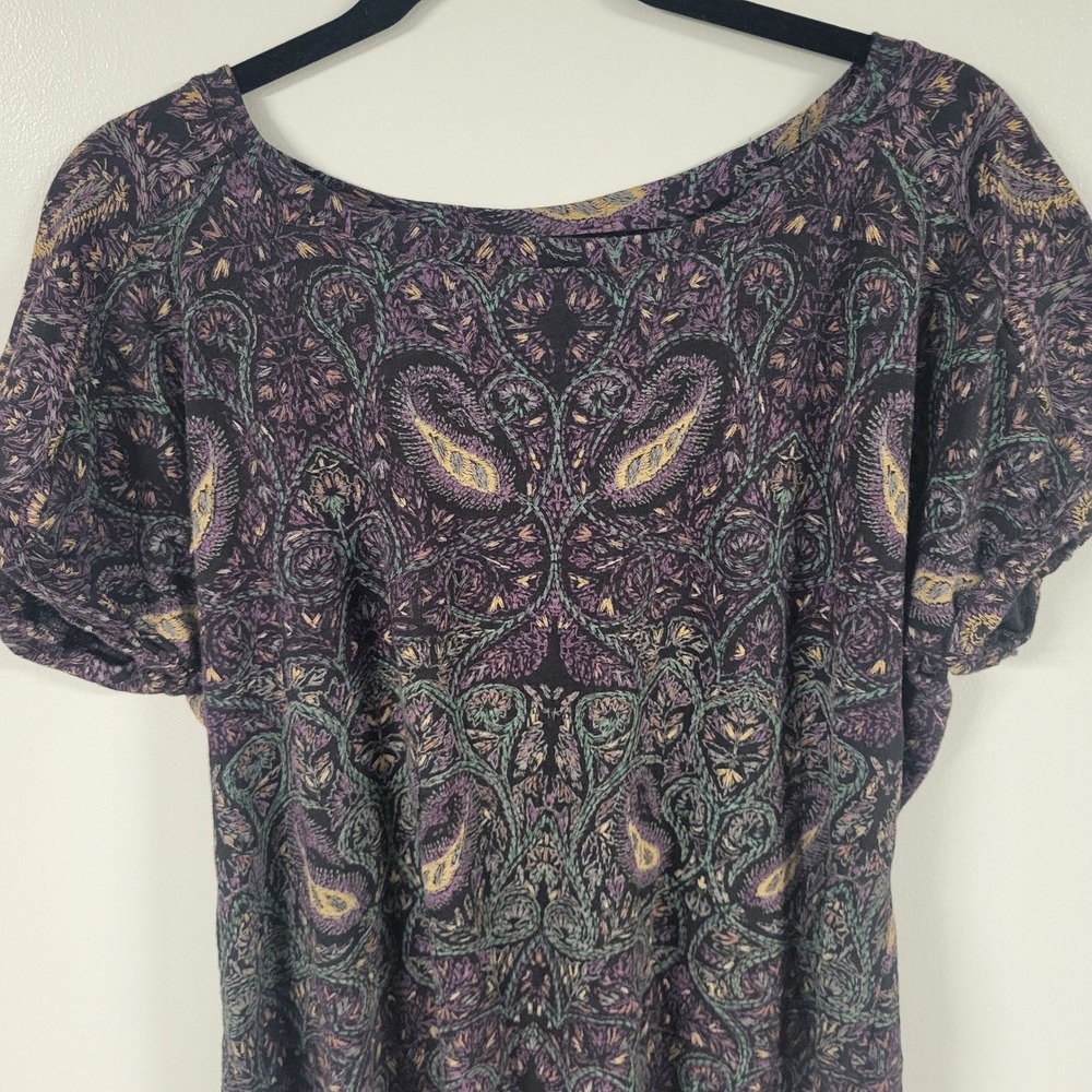 Lucky Brand Womens Large Purple Paisley Boho Dolman Sleeve High Low Top Blouse